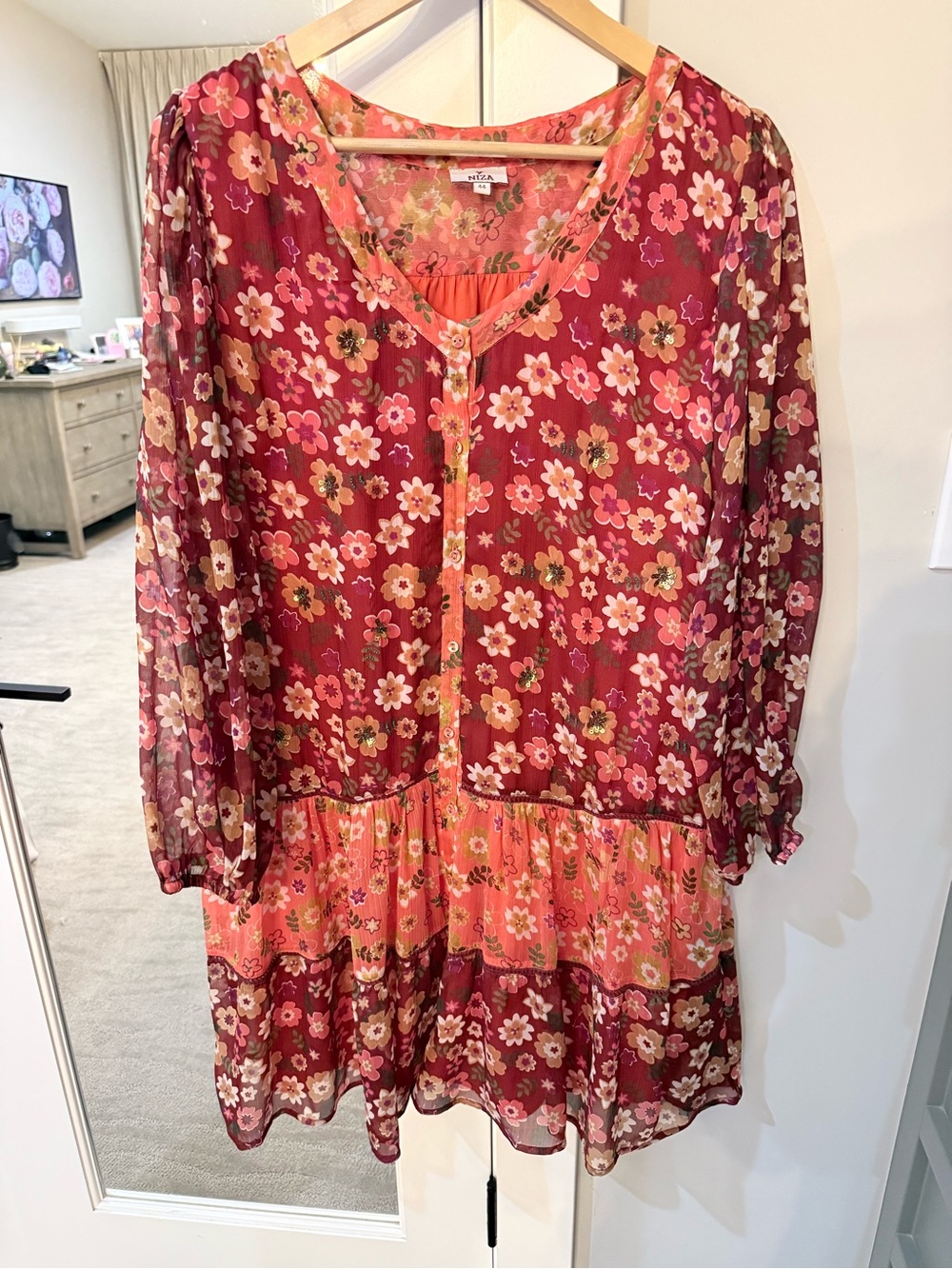 Niza Floral Button-Front Sheer Tiered Dress in Pink & Coral Size XL